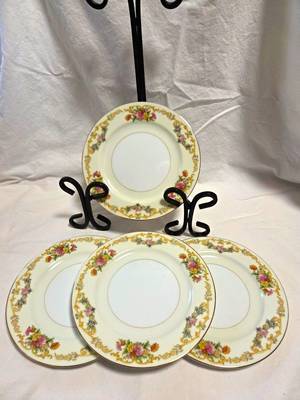 Vtg Noritake Japan Flora 6 3/4" Bread & Butter Plates Porcelain Gold Set of 4